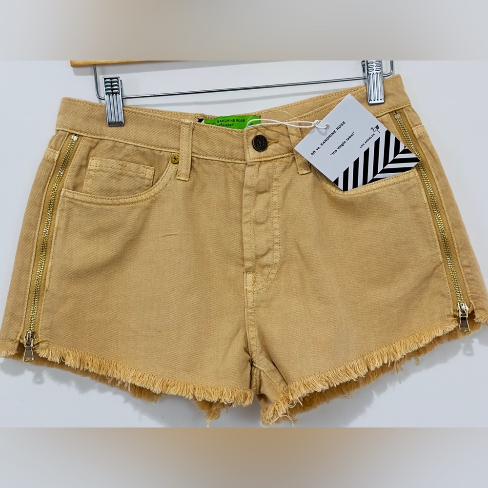 Free People Sandrine Rose Beige Jean Shorts Gold Side Zippers Fringe Tri…